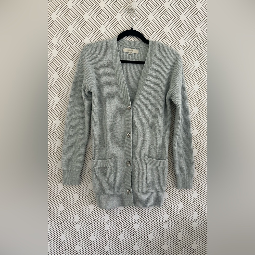LOFT Womens Gray Long Cardigan with Gemstone Buttons, Size Small